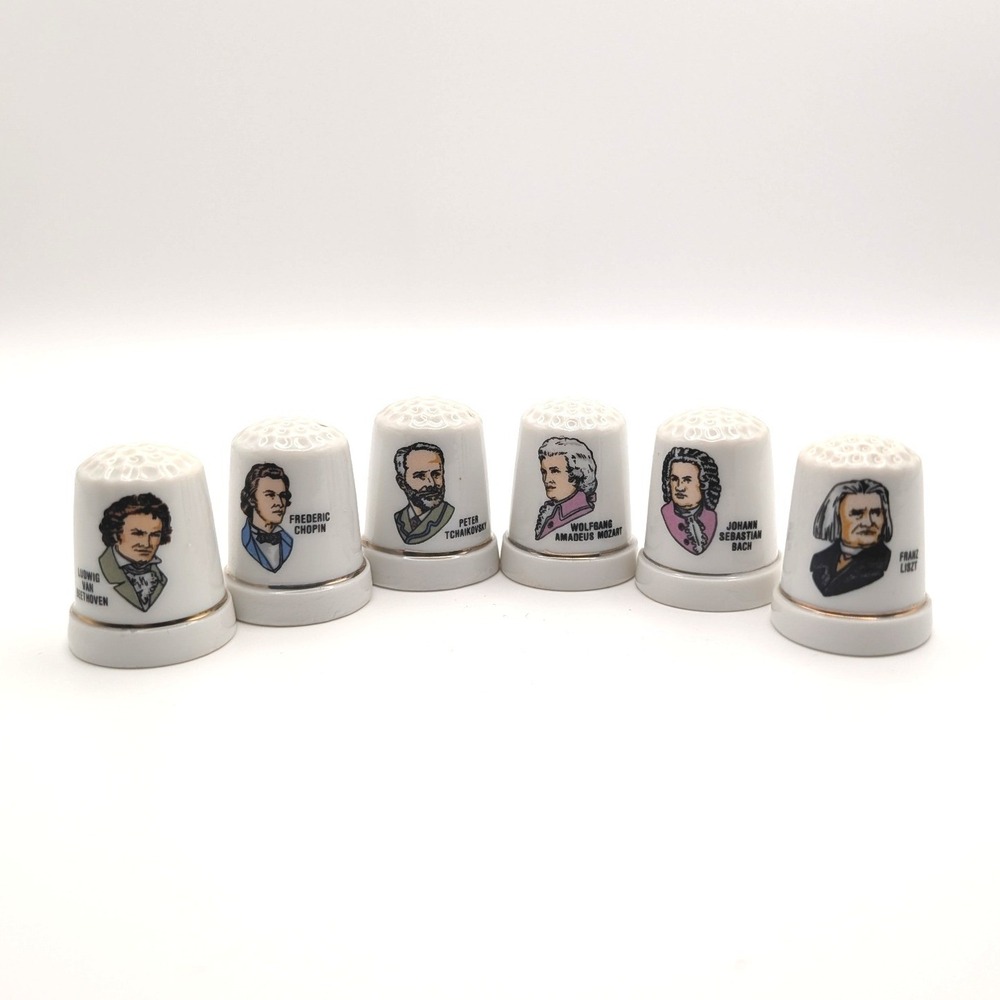 Classical Composer Porcelain Thimble Set Beethoven Mozart Liszt Chopin Bach 6pc
